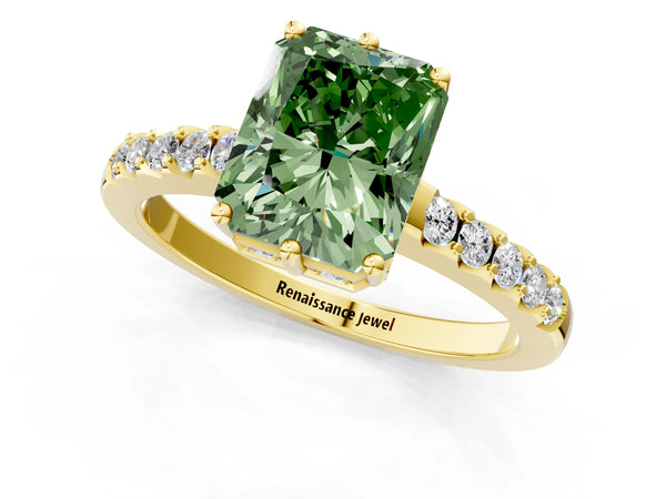 Yellow gold Fancy Green Radiant Cut Solitaire Diamond Engagement Ring with Pavé Band and Six-Prong Setting