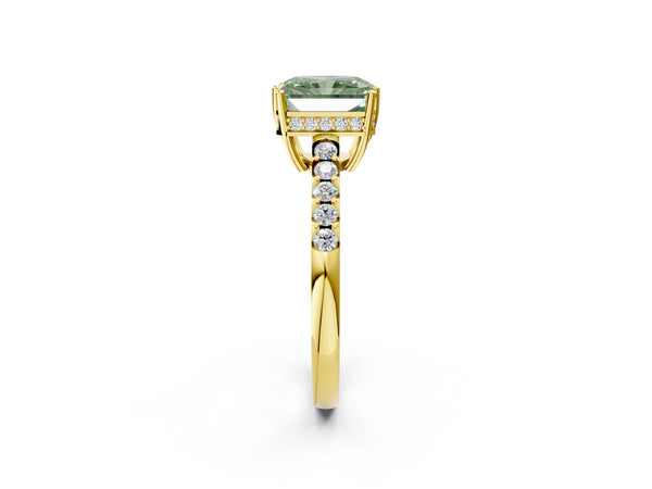 Yellow gold Fancy Green Radiant Cut Solitaire Diamond Engagement Ring with Pavé Band and Six-Prong Setting