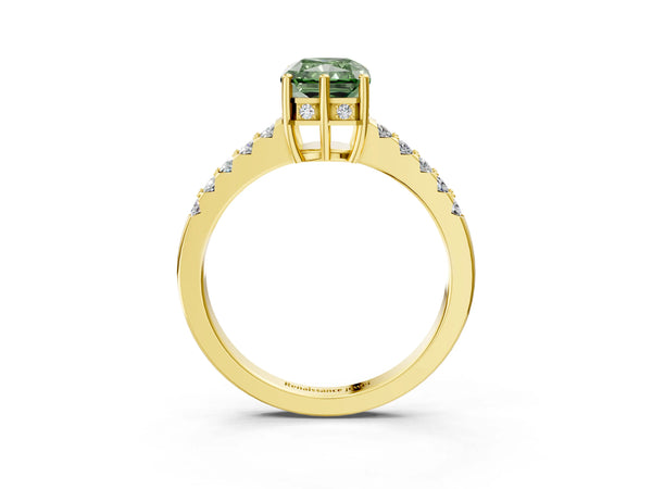 Yellow gold Fancy Green Radiant Cut Solitaire Diamond Engagement Ring with Pavé Band and Six-Prong Setting
