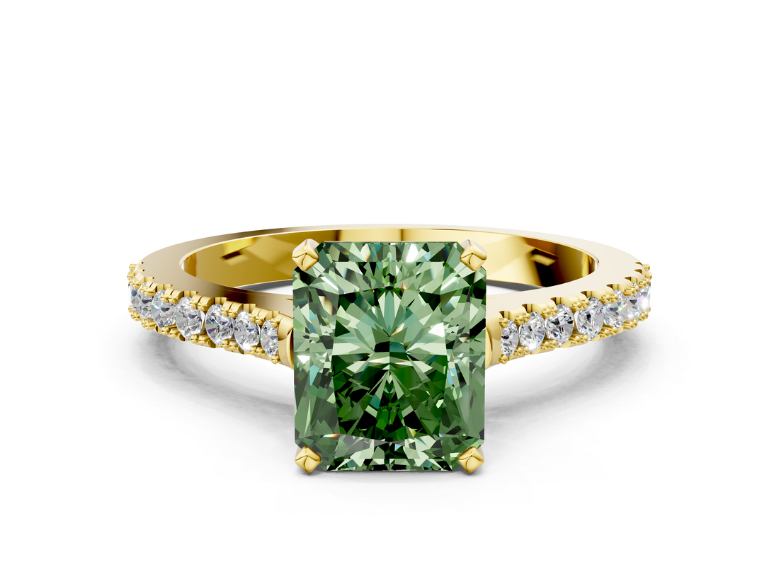 Yellow gold Fancy Green Radiant  Cut Solitaire Diamond Engagement Ring with Pave Band and Four-Prong Setting_149