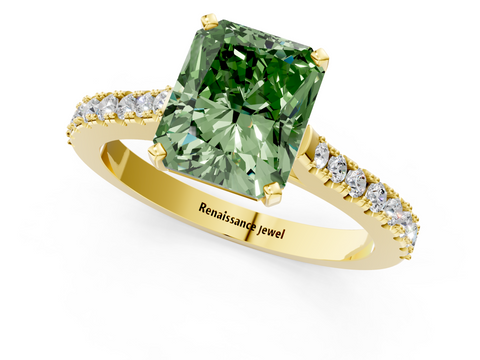Yellow gold Fancy Green Radiant  Cut Solitaire Diamond Engagement Ring with Pave Band and Four-Prong Setting_150