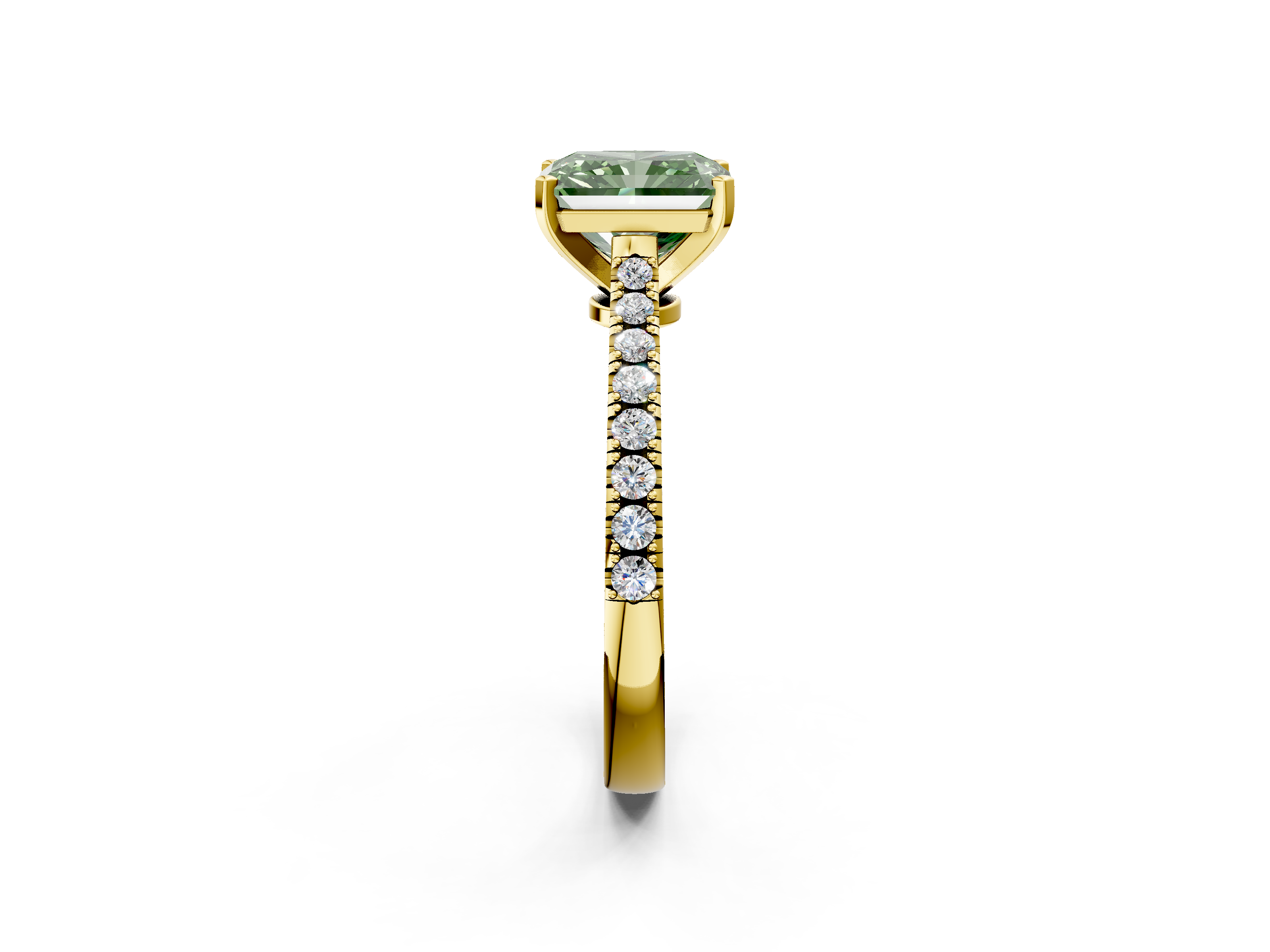 Yellow gold Fancy Green Radiant  Cut Solitaire Diamond Engagement Ring with Pave Band and Four-Prong Setting_151