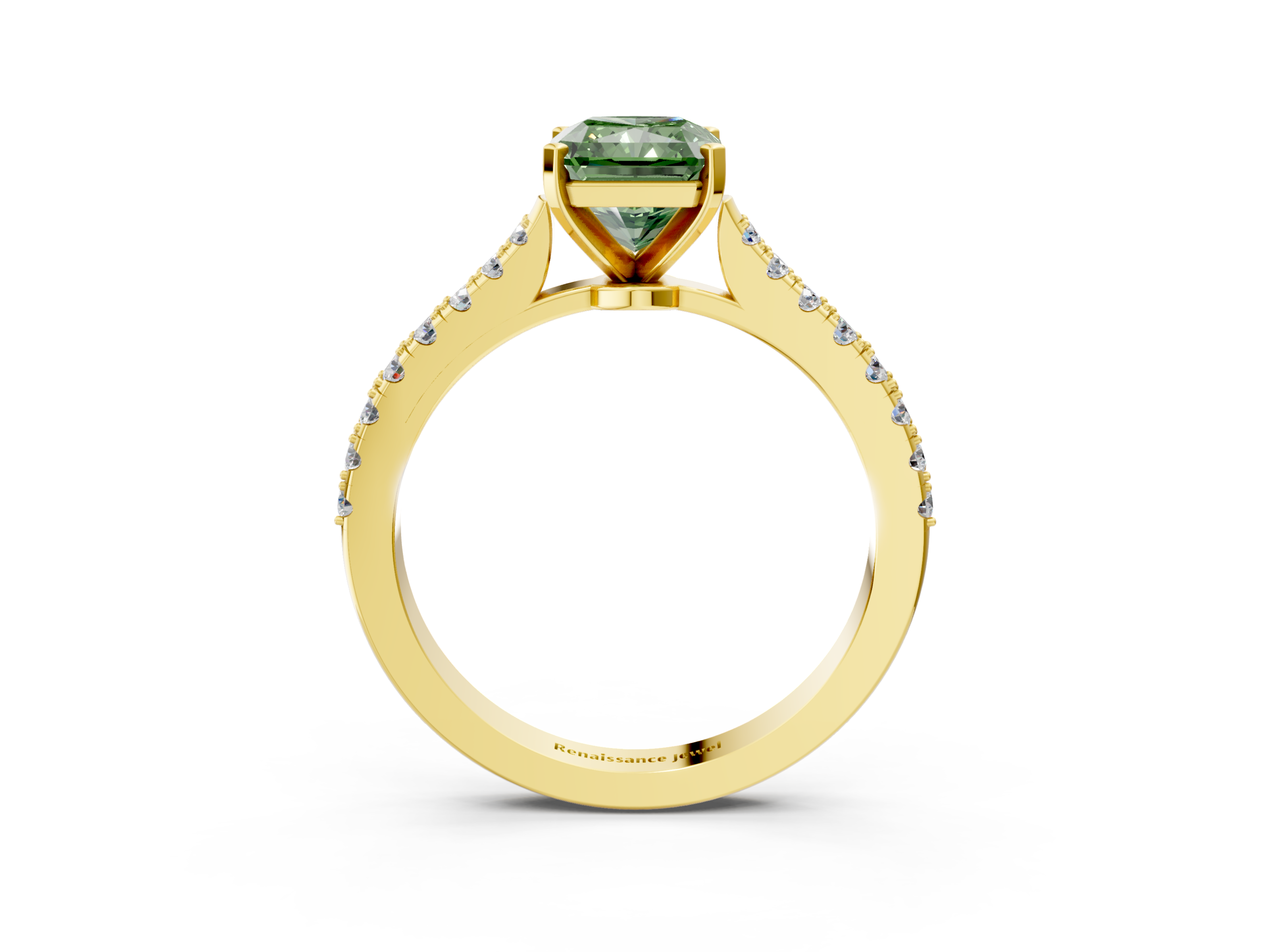 Yellow gold Fancy Green Radiant  Cut Solitaire Diamond Engagement Ring with Pave Band and Four-Prong Setting_152
