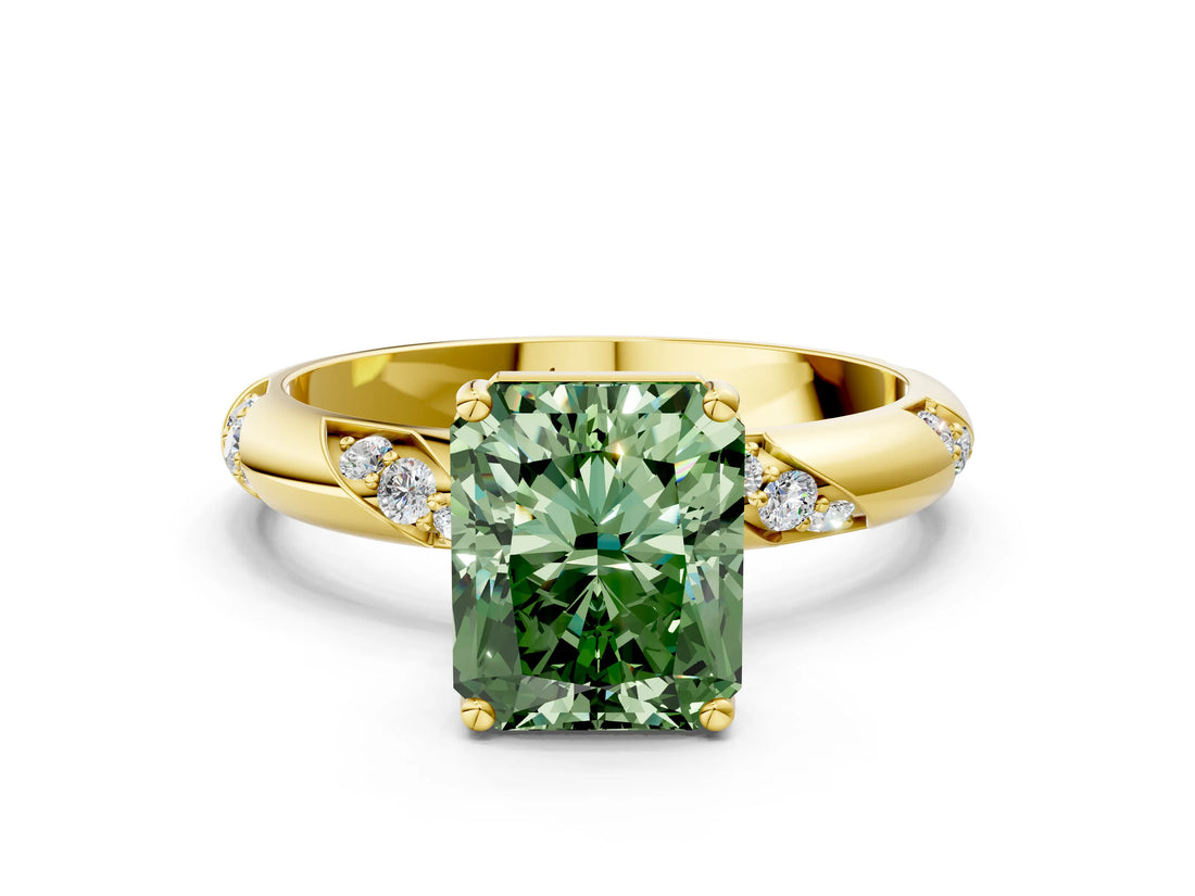 Yellow gold Fancy Green Radiant Cut Solitaire Diamond Engagement Ring with Twisted Pave Band and Four-Prong Setting_3