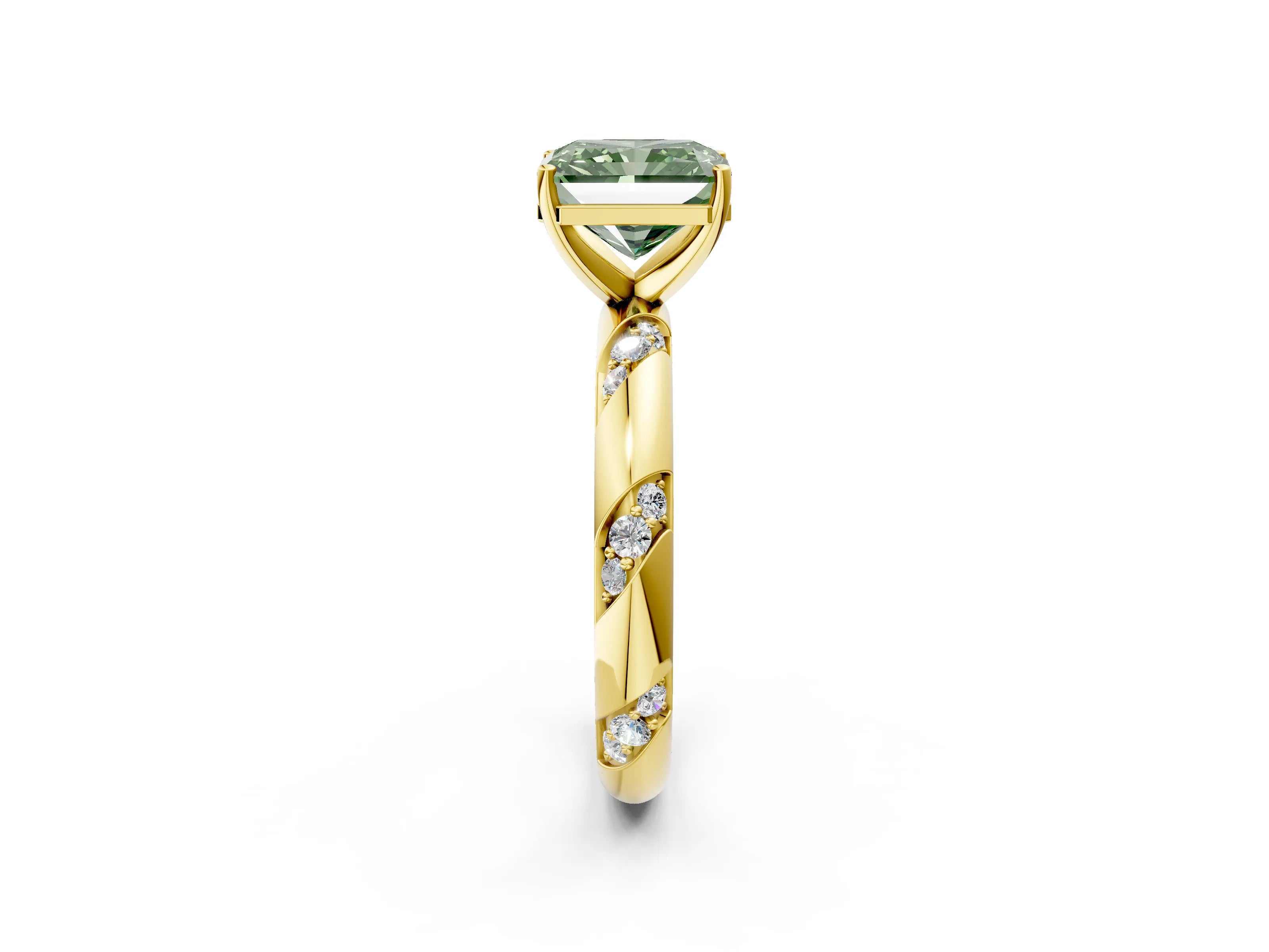 Yellow gold Fancy Green Radiant Cut Solitaire Diamond Engagement Ring with Twisted Pave Band and Four-Prong Setting_5