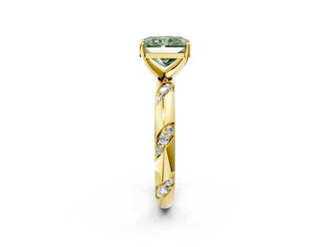 Yellow gold Fancy Green Radiant Cut Solitaire Diamond Engagement Ring with Twisted Pave Band and Four-Prong Setting_5