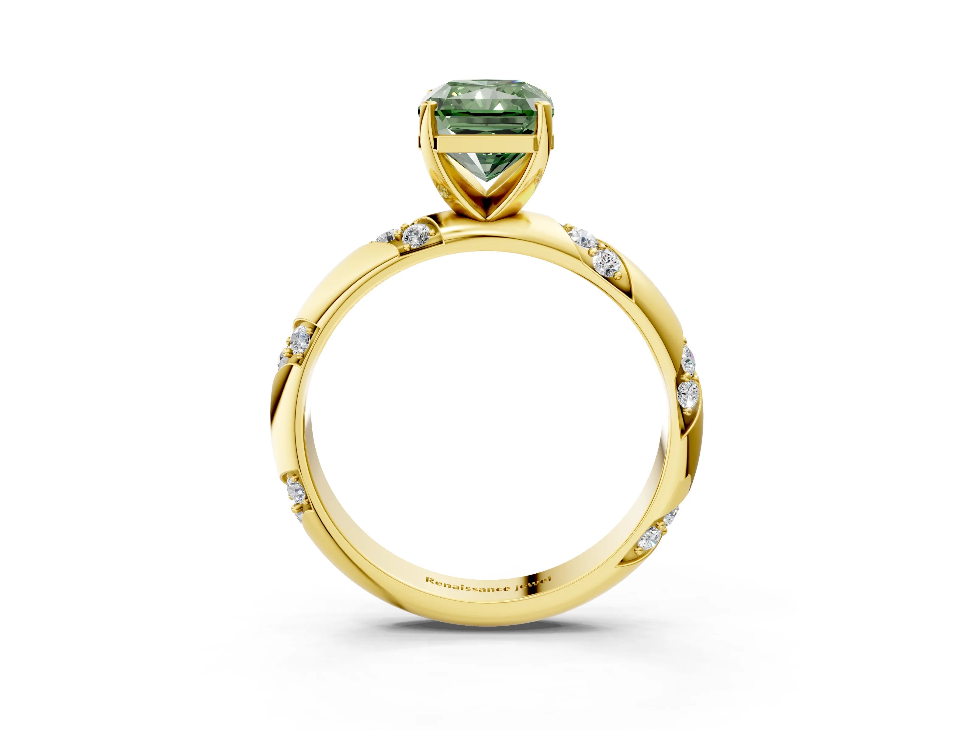 Yellow gold Fancy Green Radiant Cut Solitaire Diamond Engagement Ring with Twisted Pave Band and Four-Prong Setting_6