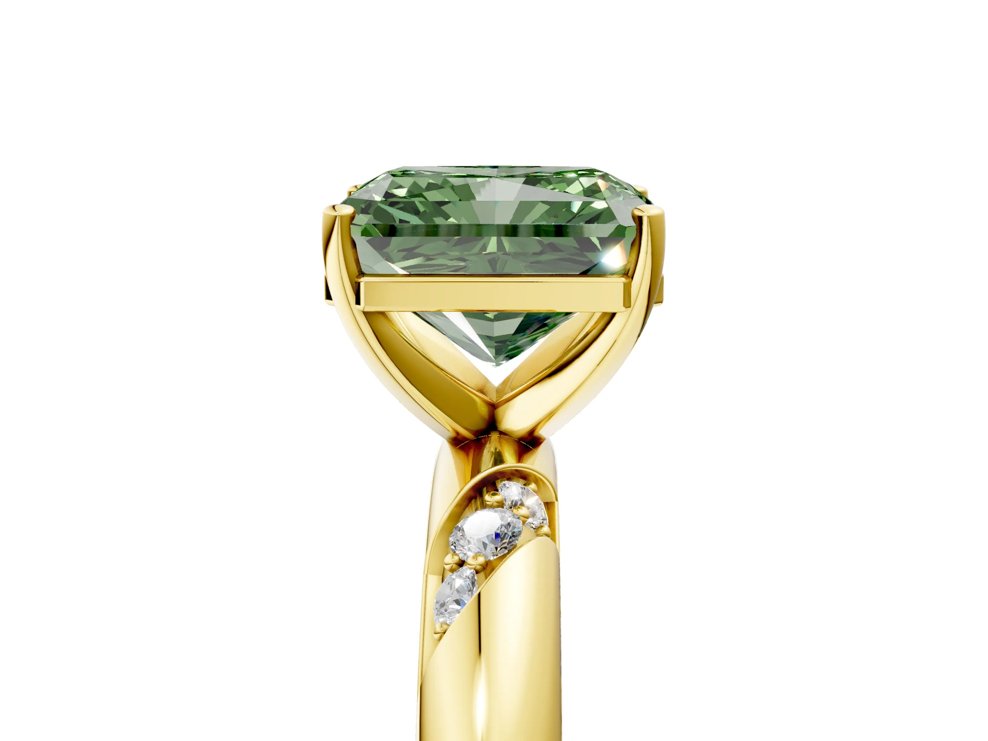 Yellow gold Fancy Green Radiant Cut Solitaire Diamond Engagement Ring with Twisted Pave Band and Four-Prong Setting_8