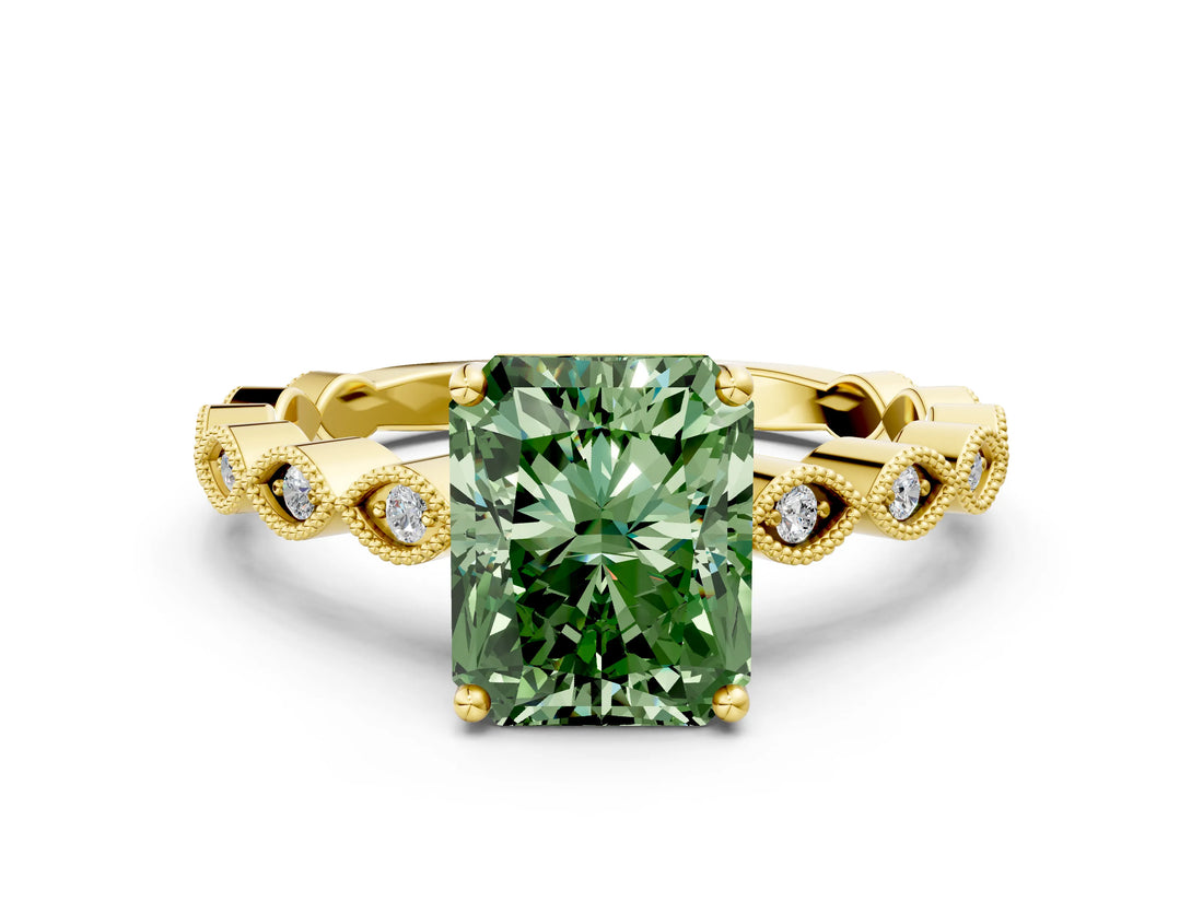 Yellow gold Fancy Green Radiant Cut Solitaire Diamond Ring with Infinity Twist Band and Four-Prong Setting_12