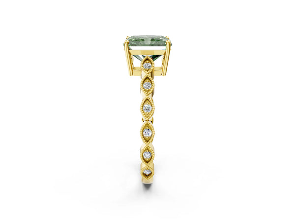 Yellow gold Fancy Green Radiant Cut Solitaire Diamond Ring with Infinity Twist Band and Four-Prong Setting