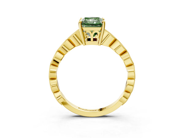 Yellow gold Fancy Green Radiant Cut Solitaire Diamond Ring with Infinity Twist Band and Four-Prong Setting