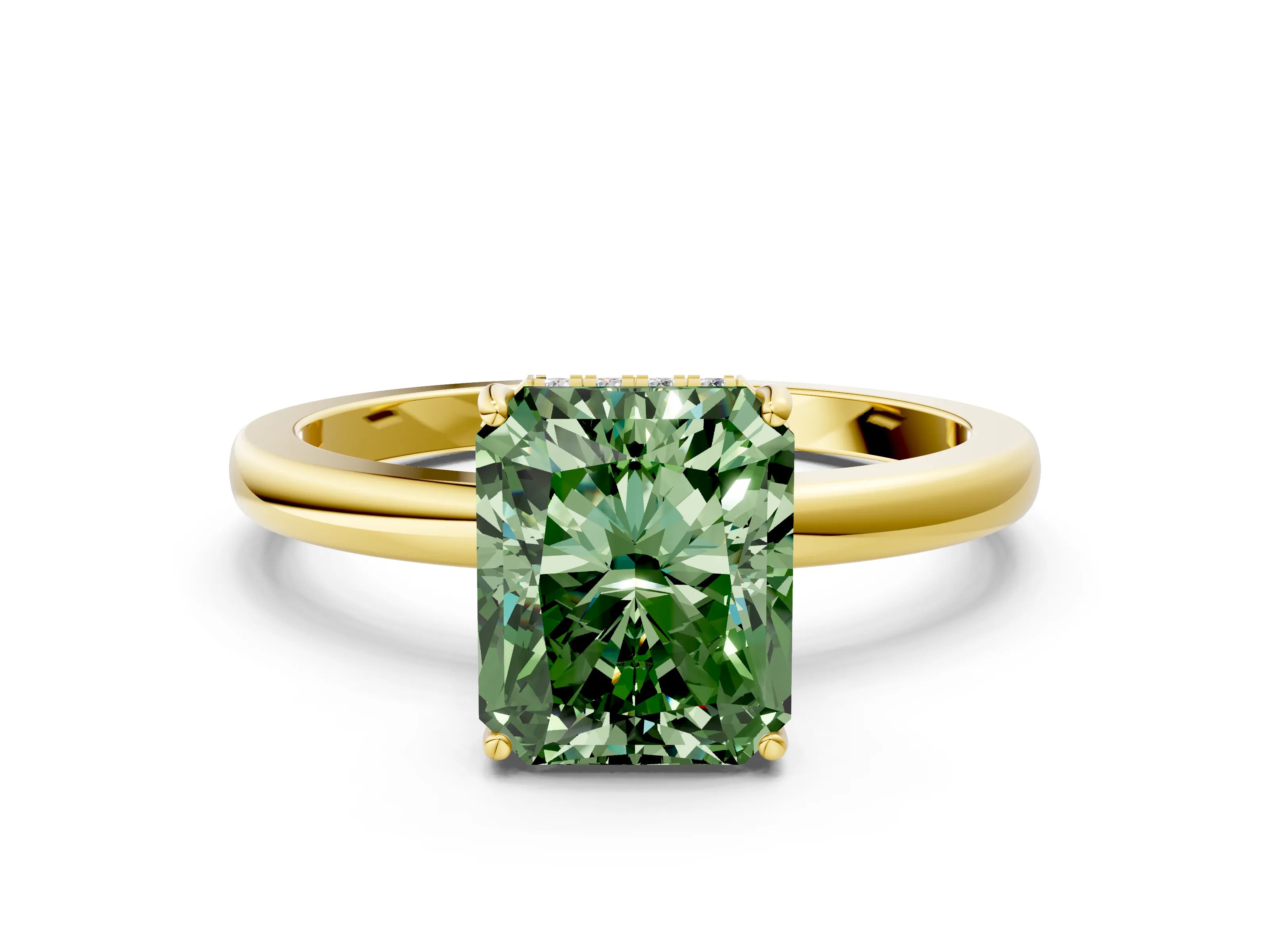 Yellow gold Fancy Green Radiant Cut Solitaire Diamond Ring with Prong Setting and Plain Band