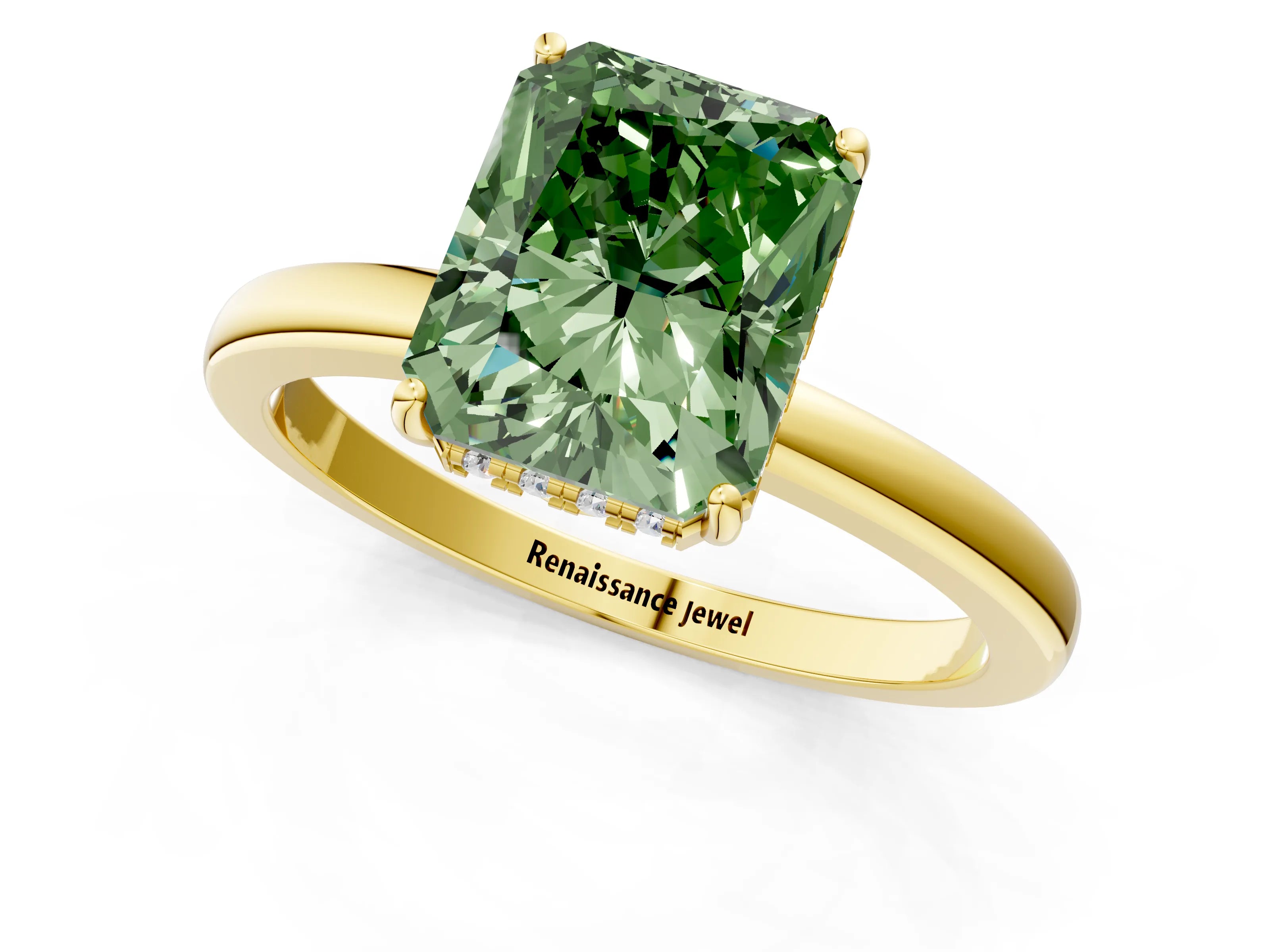 Yellow gold Fancy Green Radiant Cut Solitaire Diamond Ring with Prong Setting and Plain Band_1