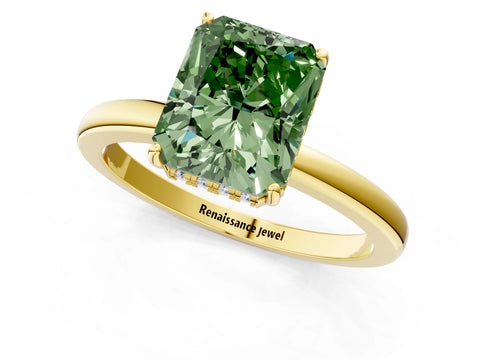 Yellow gold Fancy Green Radiant Cut Solitaire Diamond Ring with Prong Setting and Plain Band_1