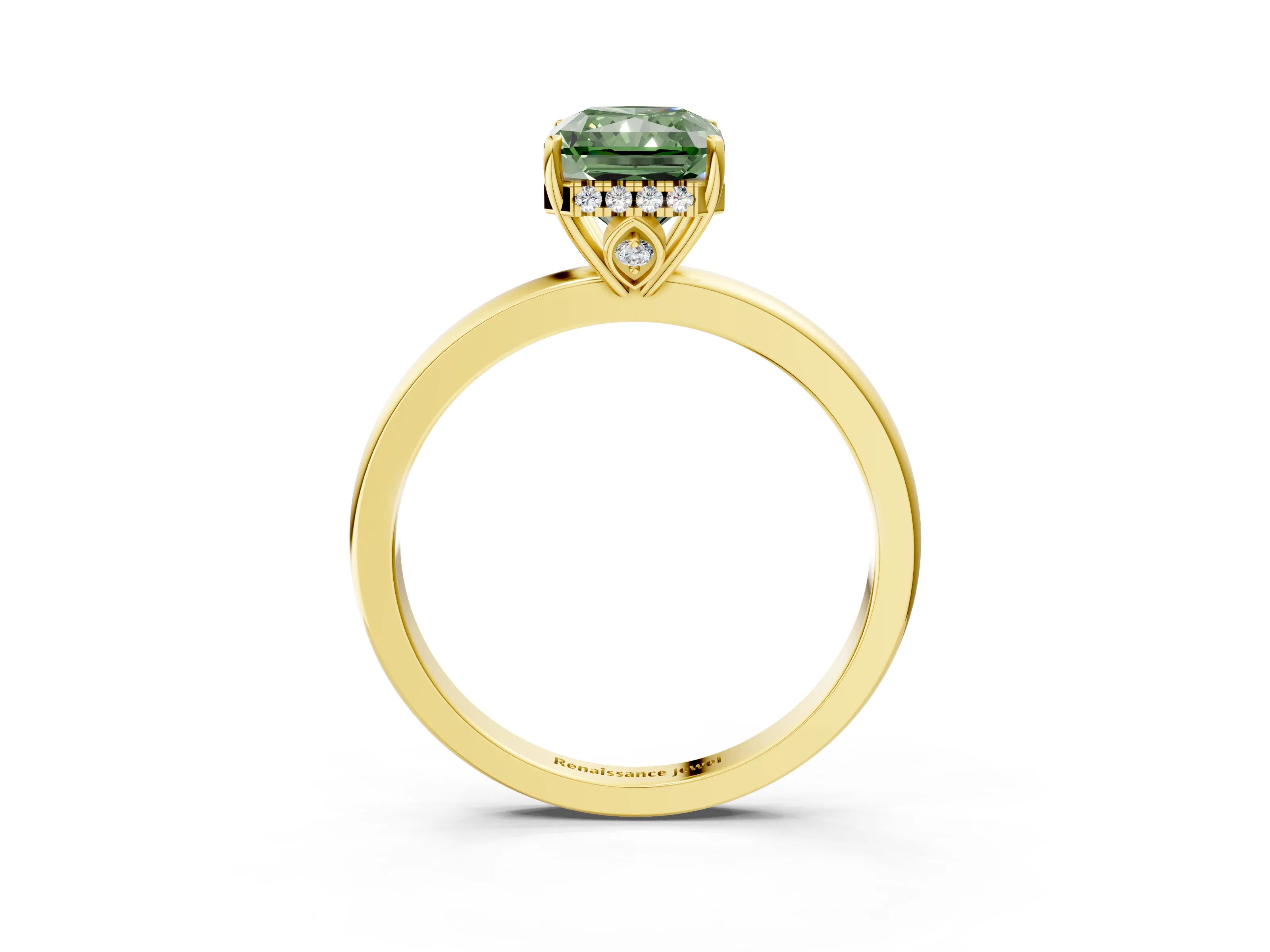Yellow gold Fancy Green Radiant Cut Solitaire Diamond Ring with Prong Setting and Plain Band_3