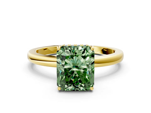 Yellow gold Fancy Green Radiant Cut Solitaire Diamond Ring with Prong Setting and Plain Band