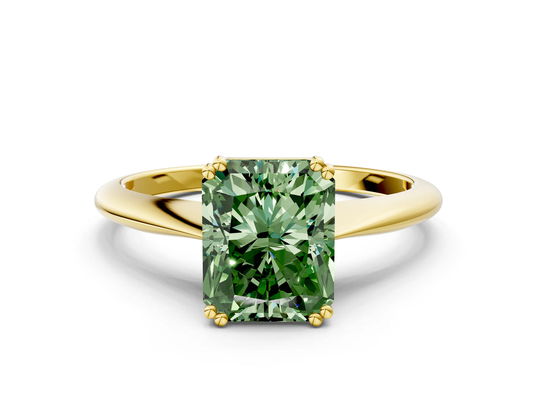 Yellow gold Fancy Green Radiant Cut Solitaire Diamond Ring with Six-Prong Setting and Classic Band_12