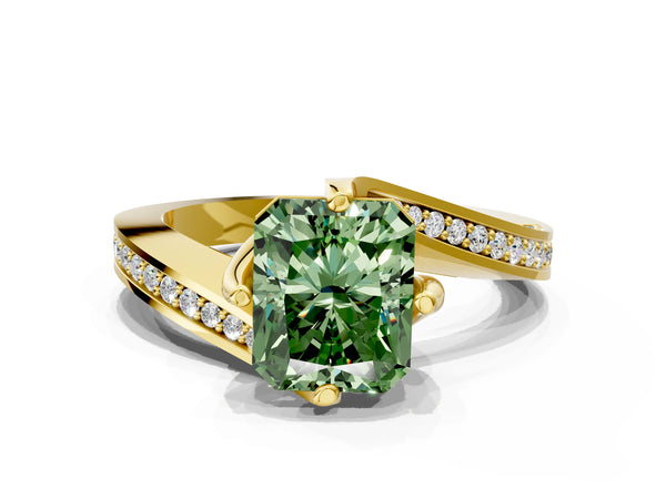 Yellow gold Fancy Green Radiant Cut Solitaire Diamond Twist Band with Pavé Setting and Four-Prong Setting
