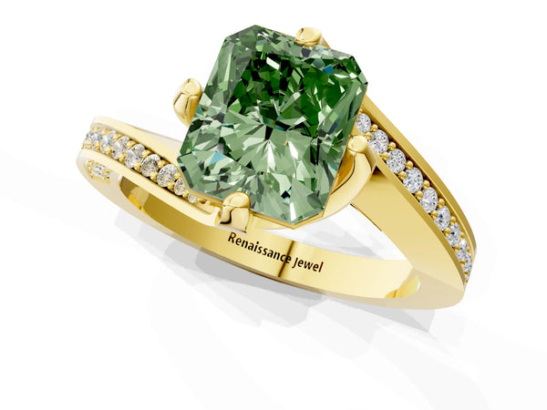 Yellow gold Fancy Green Radiant Cut Solitaire Diamond Twist Band with Pavé Setting and Four-Prong Setting