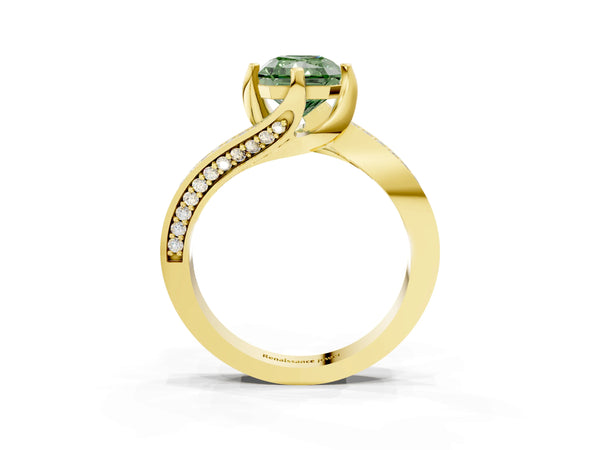 Yellow gold Fancy Green Radiant Cut Solitaire Diamond Twist Band with Pavé Setting and Four-Prong Setting