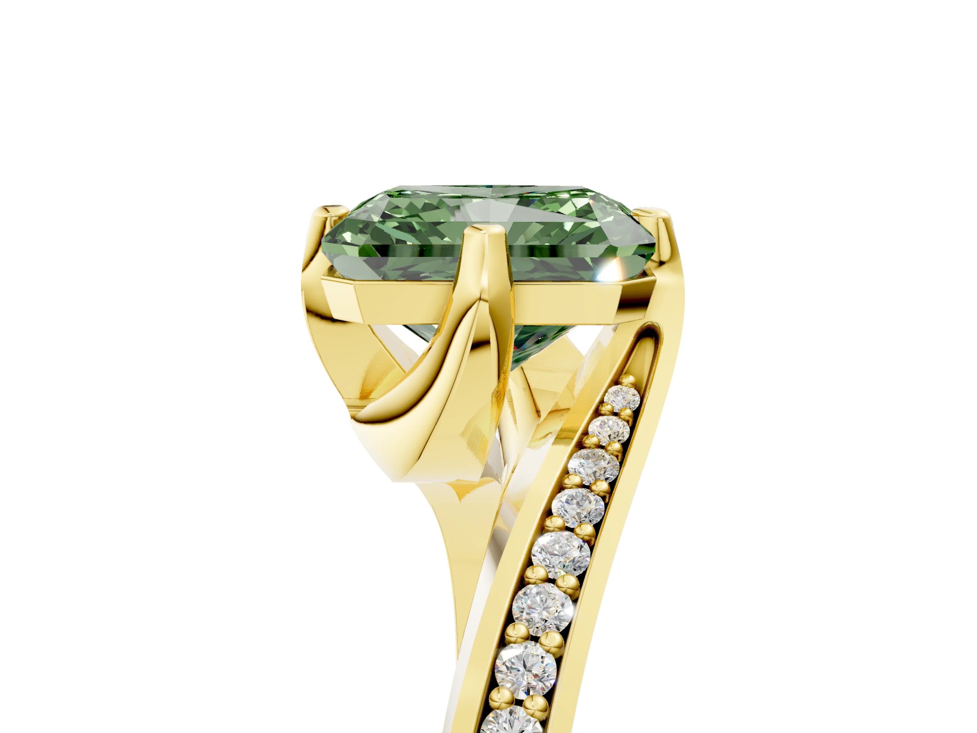 Yellow gold Fancy Green Radiant Cut Solitaire Diamond Twist Band with Pavé Setting and Four-Prong Setting_5