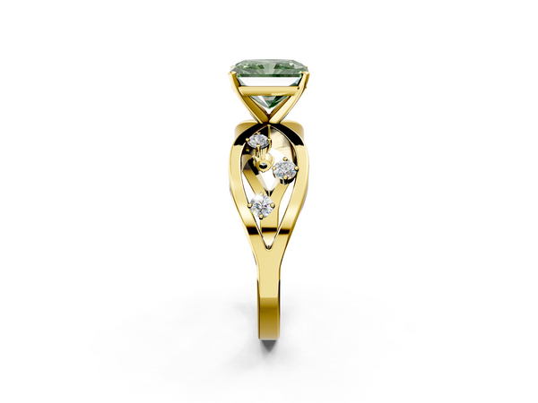Yellow gold Fancy Green Radiant  Cut Solitaire Diamond with Side Stones on Criss-Cross Band and Four-Prong Setting