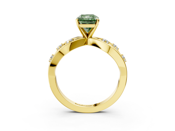Yellow gold Fancy Green Radiant  Cut Solitaire Diamond with Side Stones on Criss-Cross Band and Four-Prong Setting