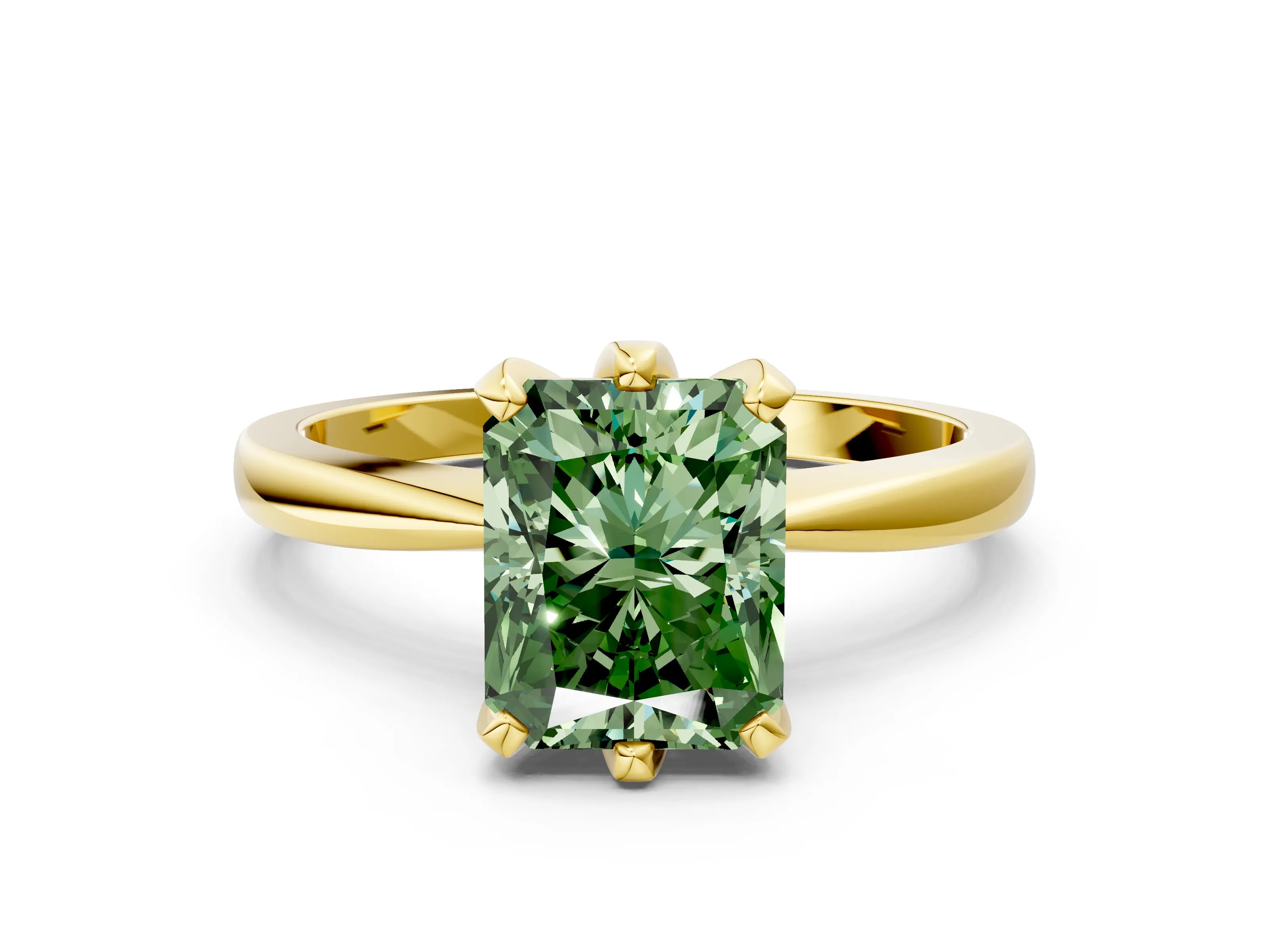 Yellow gold Fancy Green Radiant Cut Solitaire Engagement Ring with Six-Prong Setting and Tapered Band