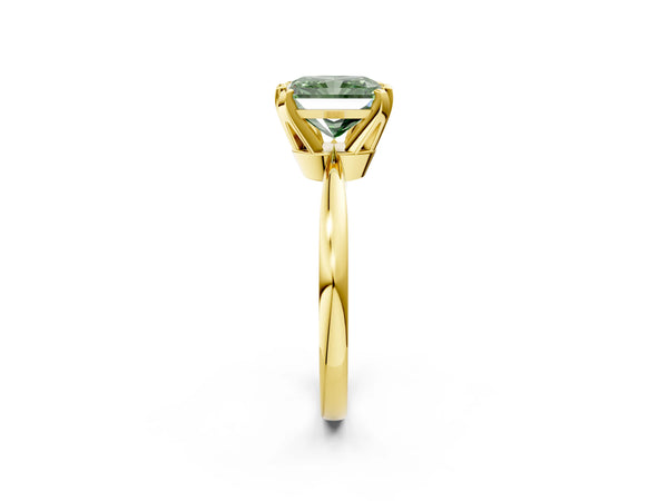 Yellow gold Fancy Green Radiant Cut Solitaire Engagement Ring with Six-Prong Setting and Tapered Band