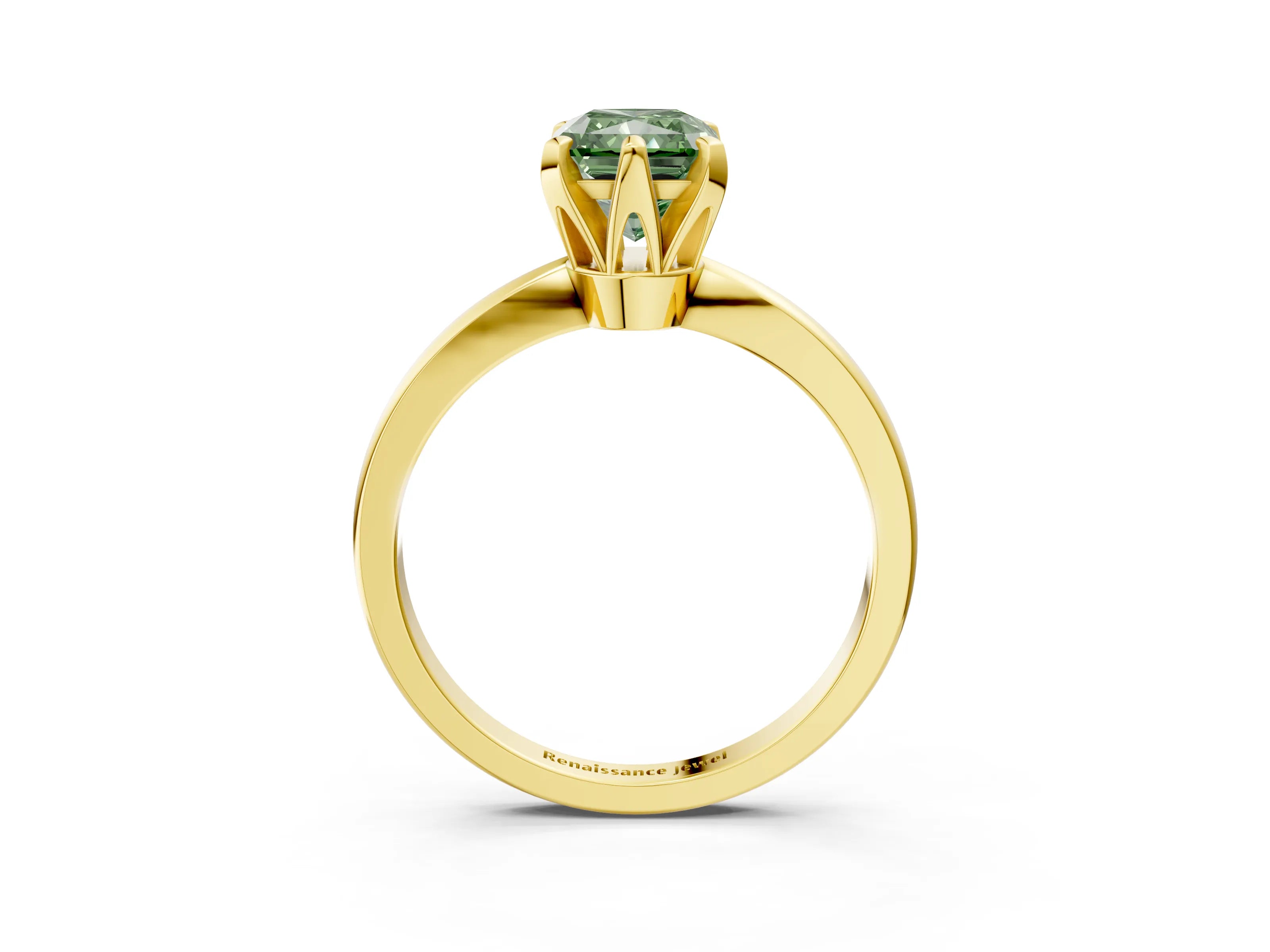 Yellow gold Fancy Green Radiant Cut Solitaire Engagement Ring with Six-Prong Setting and Tapered Band_3