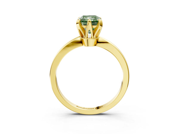 Yellow gold Fancy Green Radiant Cut Solitaire Engagement Ring with Six-Prong Setting and Tapered Band
