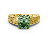 Yellow gold Fancy Green Radiant  Cut Solitaire Engraved Band with Four-Prong Setting_81