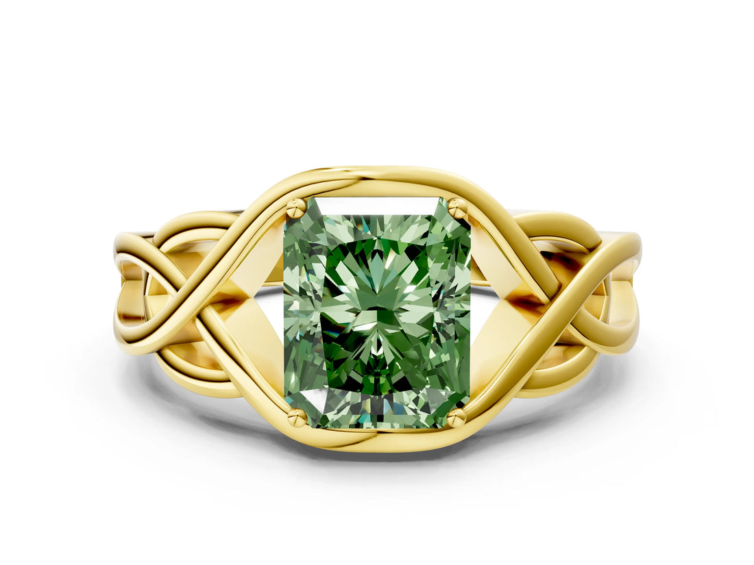 Yellow gold Fancy Green Radiant Cut Solitaire Intertwined Band Prong Setting Ring