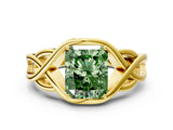Yellow gold Fancy Green Radiant Cut Solitaire Intertwined Band Prong Setting Ring