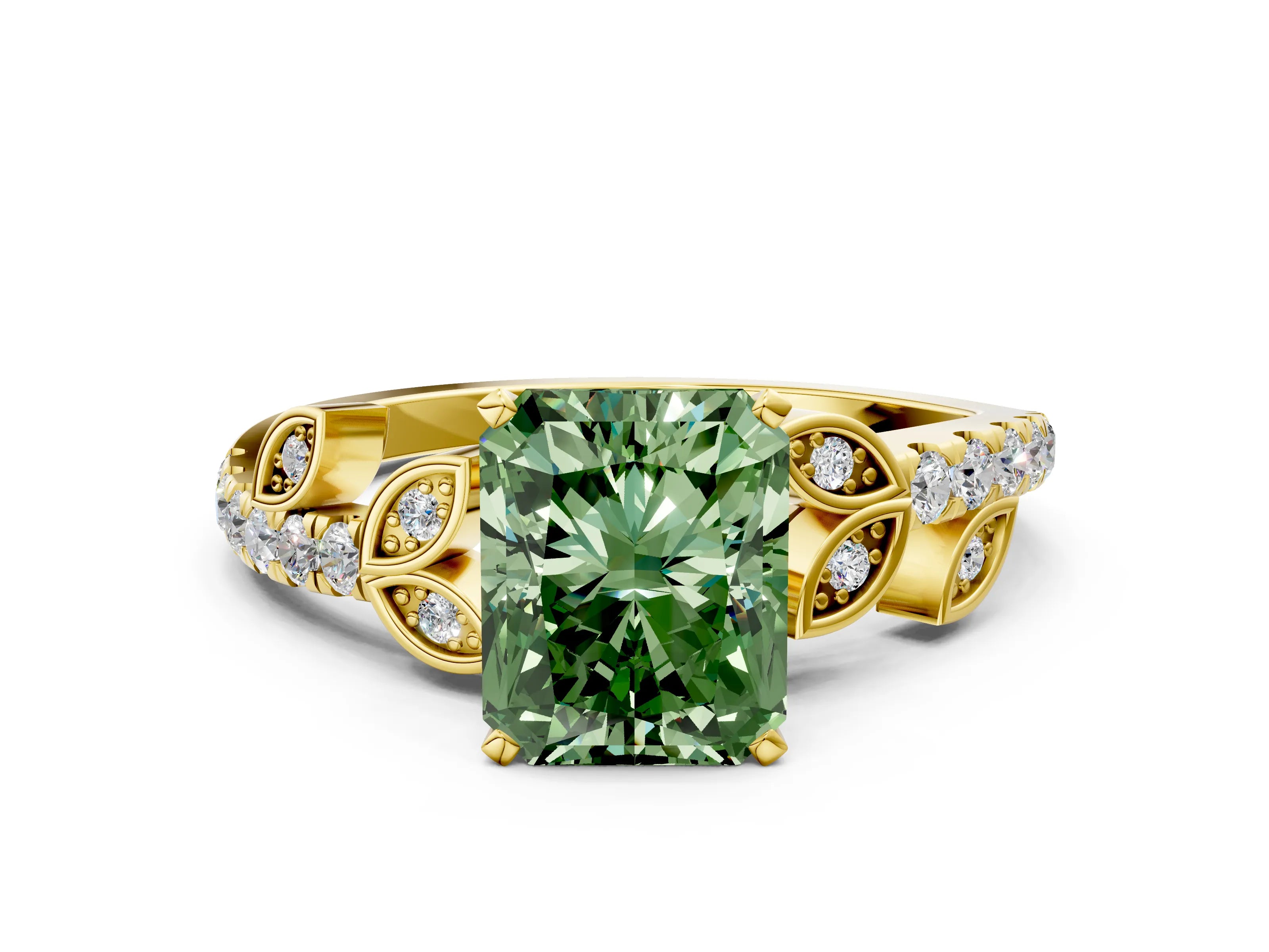 Yellow gold Fancy Green Radiant Cut Solitaire Leaf-Inspired Diamond Ring with Pavé Band and Four-Prong Setting