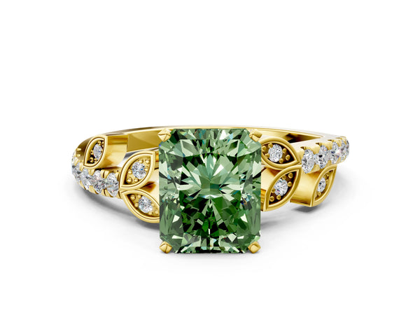 Yellow gold Fancy Green Radiant Cut Solitaire Leaf-Inspired Diamond Ring with Pavé Band and Four-Prong Setting