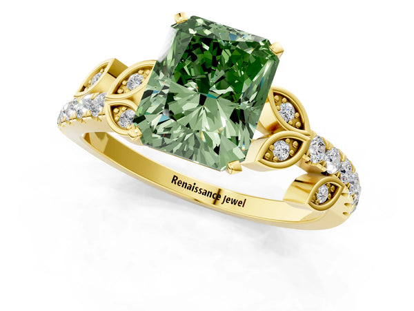 Yellow gold Fancy Green Radiant Cut Solitaire Leaf-Inspired Diamond Ring with Pavé Band and Four-Prong Setting