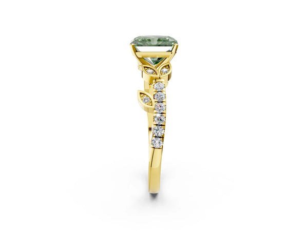 Yellow gold Fancy Green Radiant Cut Solitaire Leaf-Inspired Diamond Ring with Pavé Band and Four-Prong Setting