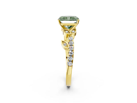 Yellow gold Fancy Green Radiant Cut Solitaire Leaf-Inspired Diamond Ring with Pavé Band and Four-Prong Setting_2