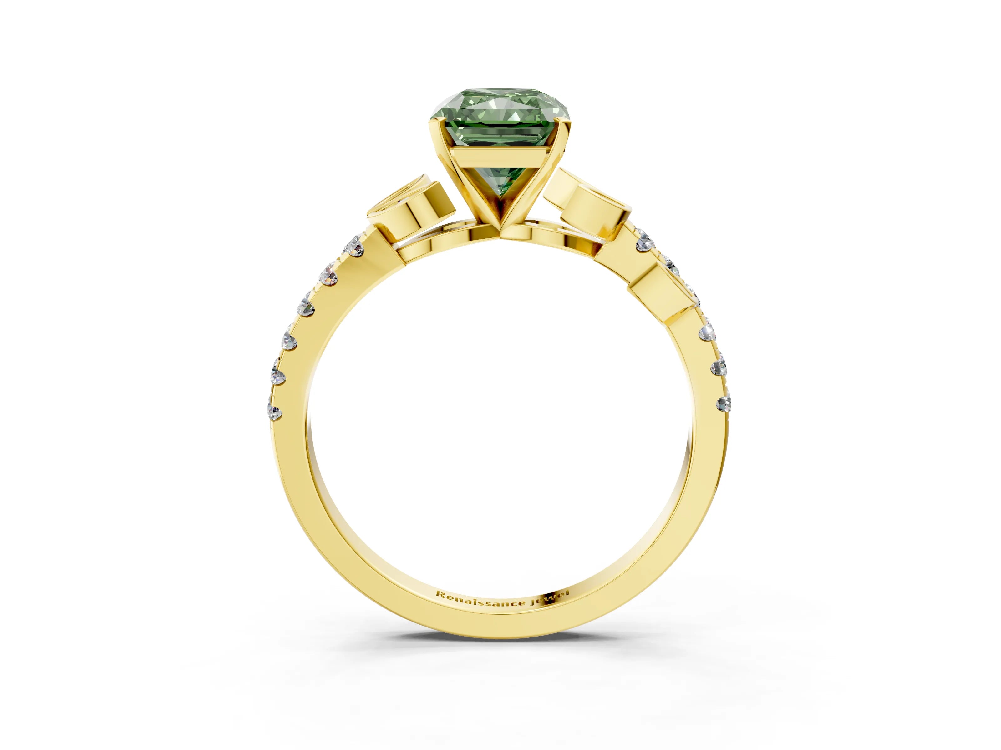 Yellow gold Fancy Green Radiant Cut Solitaire Leaf-Inspired Diamond Ring with Pavé Band and Four-Prong Setting_3