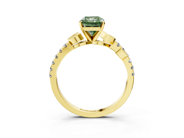 Yellow gold Fancy Green Radiant Cut Solitaire Leaf-Inspired Diamond Ring with Pavé Band and Four-Prong Setting