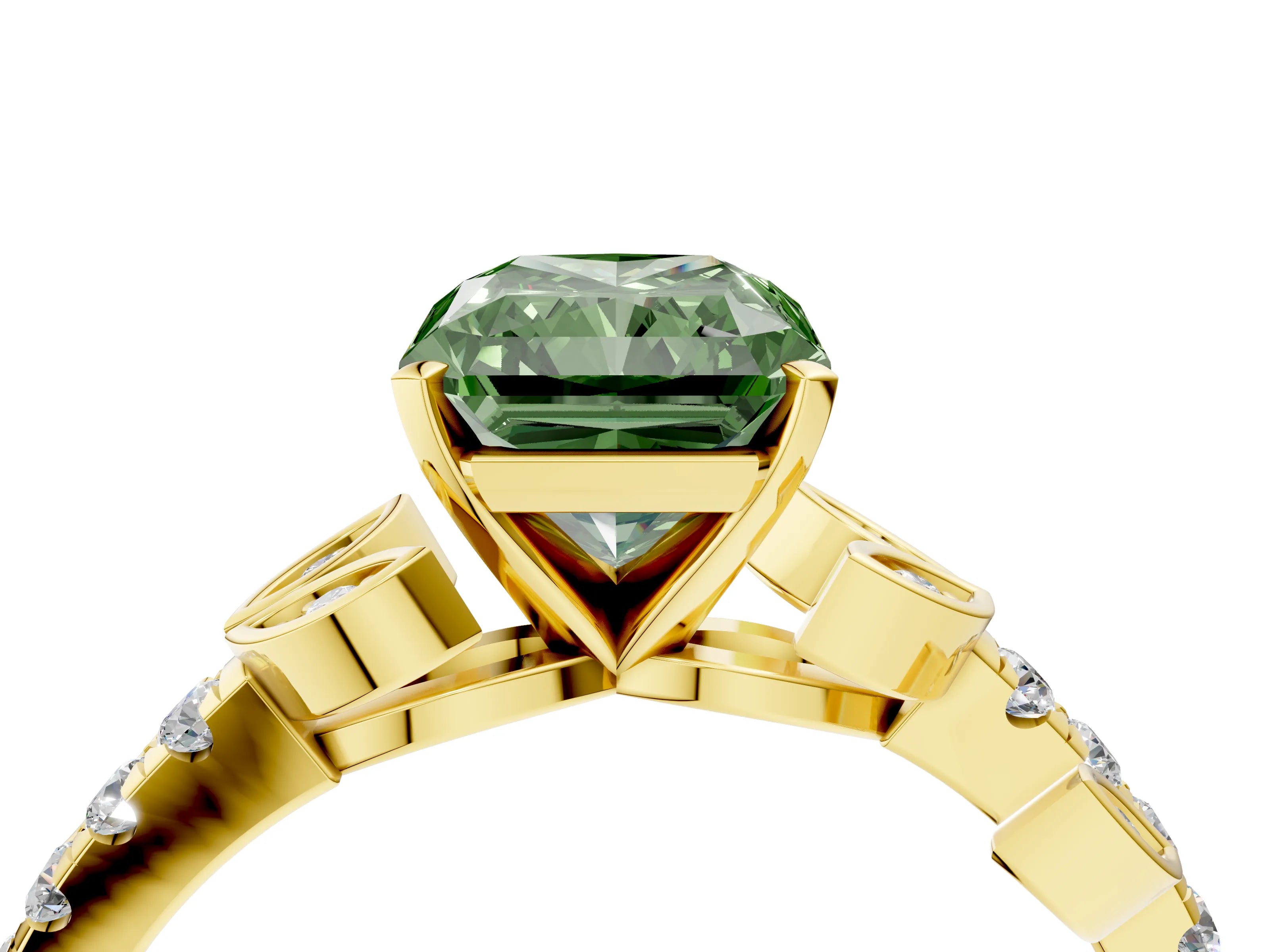 Yellow gold Fancy Green Radiant Cut Solitaire Leaf-Inspired Diamond Ring with Pavé Band and Four-Prong Setting_4