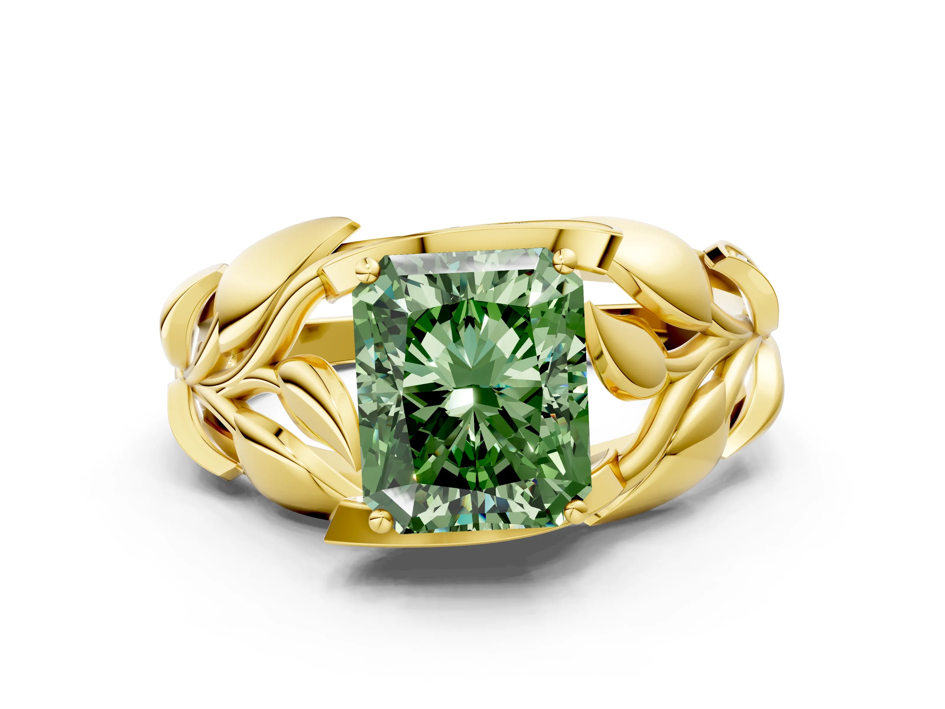 Yellow gold Fancy Green Radiant Cut Solitaire Leaf-Inspired Engagement Ring with Prong Setting
