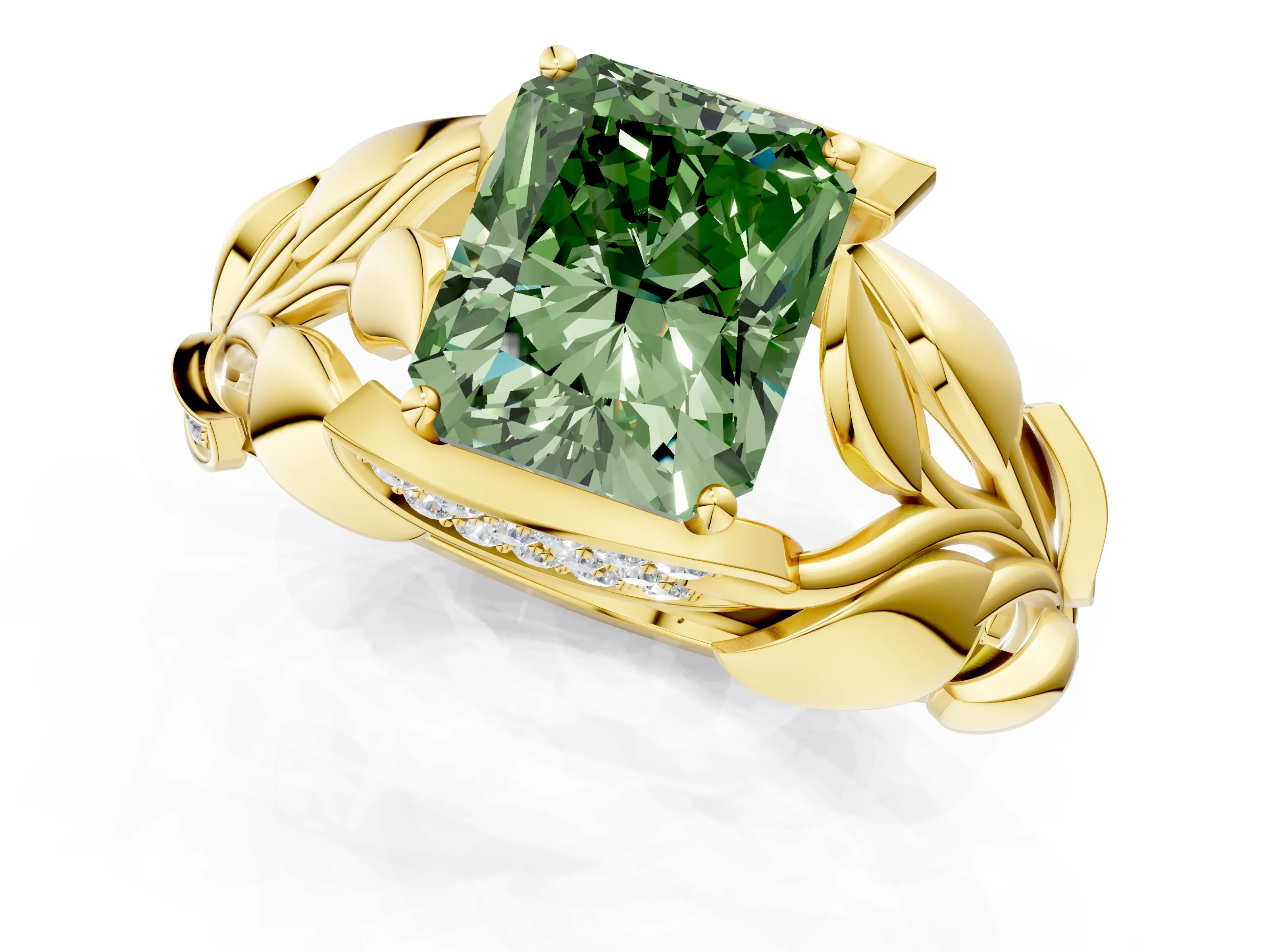 Yellow gold Fancy Green Radiant Cut Solitaire Leaf-Inspired Engagement Ring with Prong Setting_1