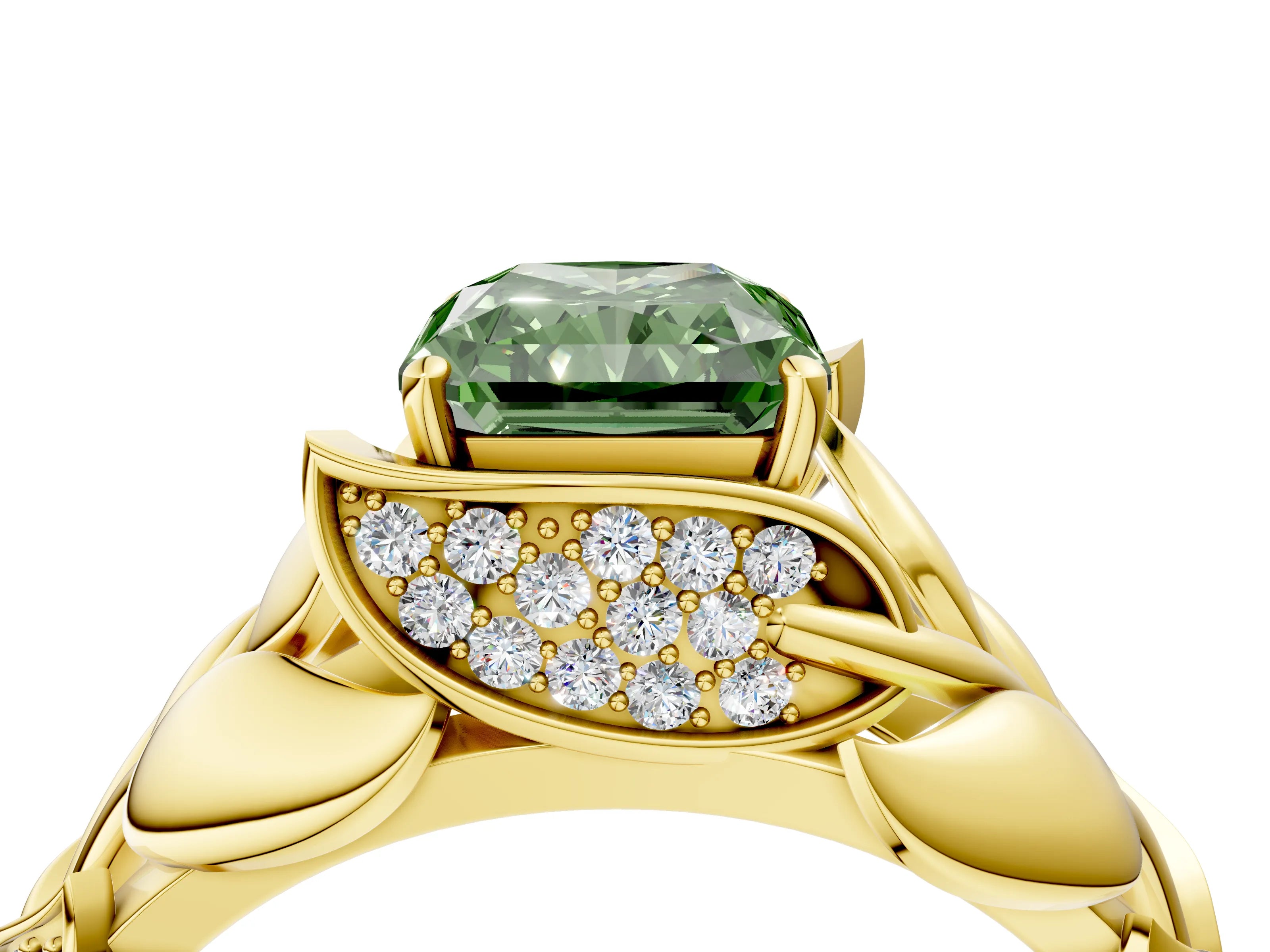 Yellow gold Fancy Green Radiant Cut Solitaire Leaf-Inspired Engagement Ring with Prong Setting_4