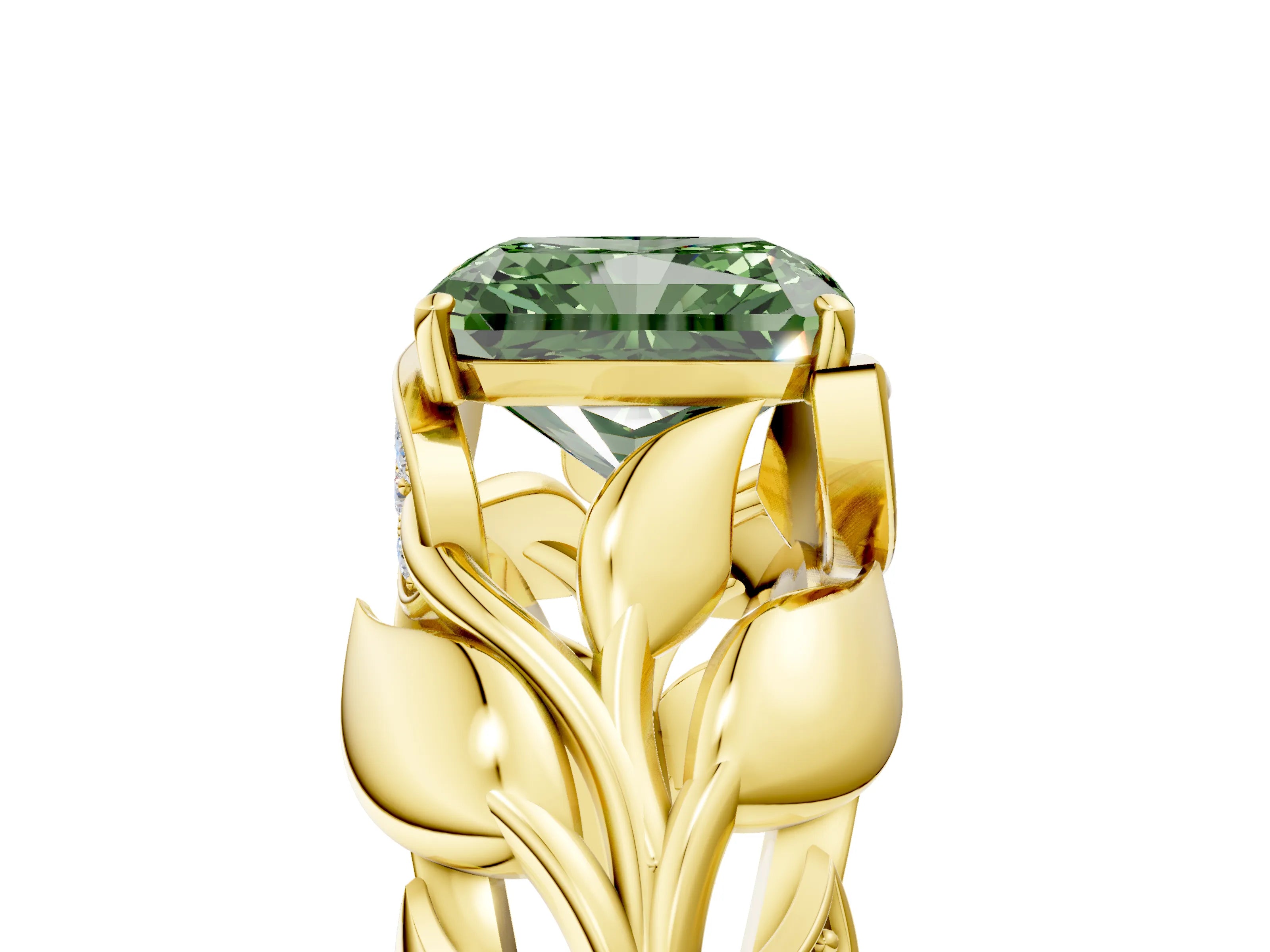 Yellow gold Fancy Green Radiant Cut Solitaire Leaf-Inspired Engagement Ring with Prong Setting_5