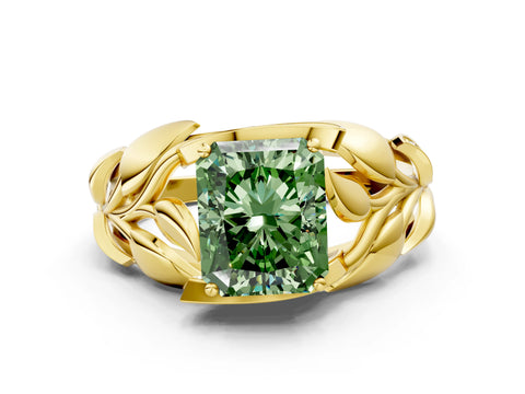 Yellow gold Fancy Green Radiant Cut Solitaire Leaf-Inspired Engagement Ring with Prong Setting