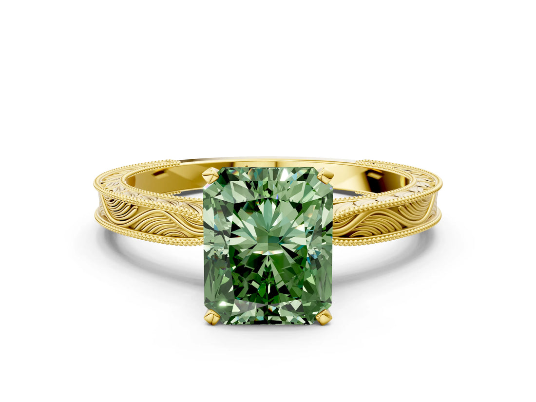 Yellow gold Fancy Green Radiant Cut Solitaire Milgrain Engraved Band with Four-Prong Setting