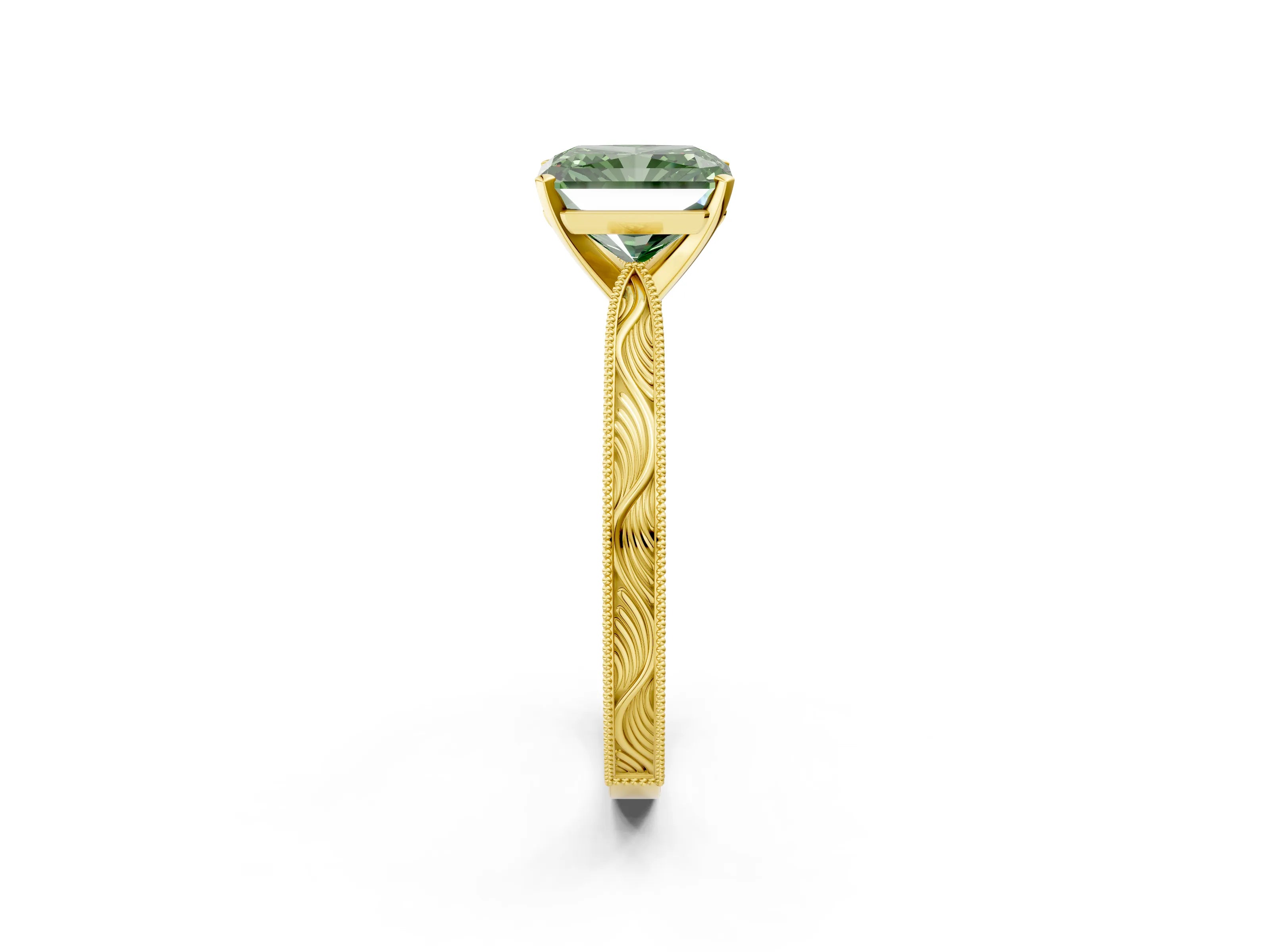 Yellow gold Fancy Green Radiant Cut Solitaire Milgrain Engraved Band with Four-Prong Setting_2