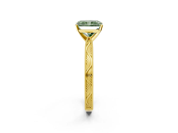 Yellow Gold Radiant Cut Solitaire Engagement Ring Setting for Fancy Green Center with Engraved Band